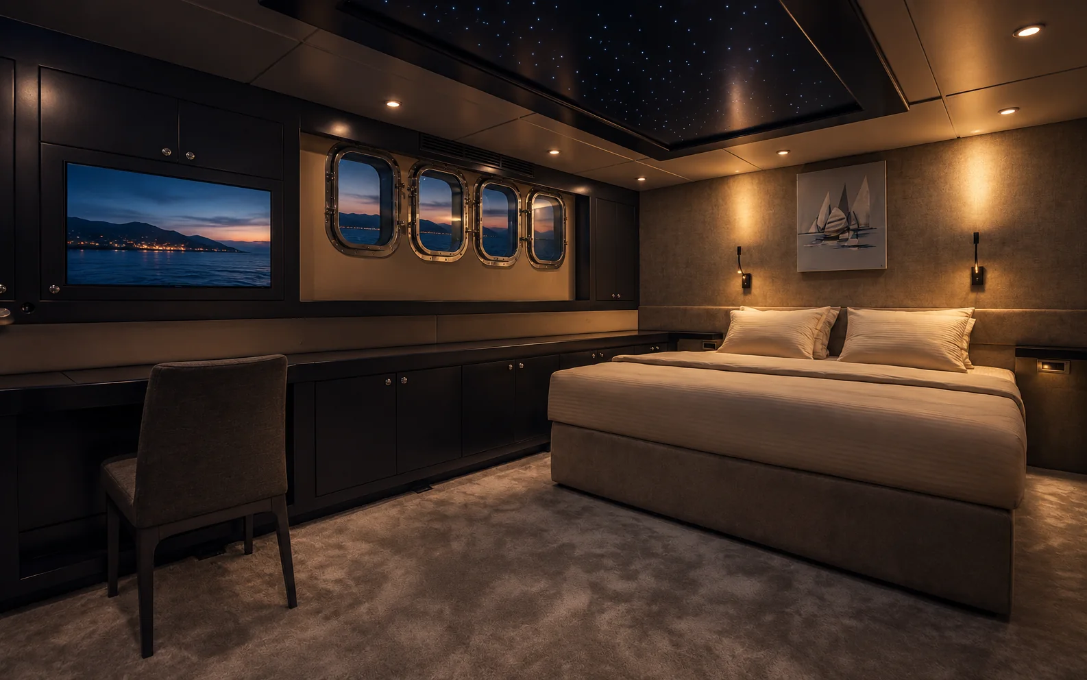 The master suite on the main deck, with a double bed, light oak floor and wide windows to the sea