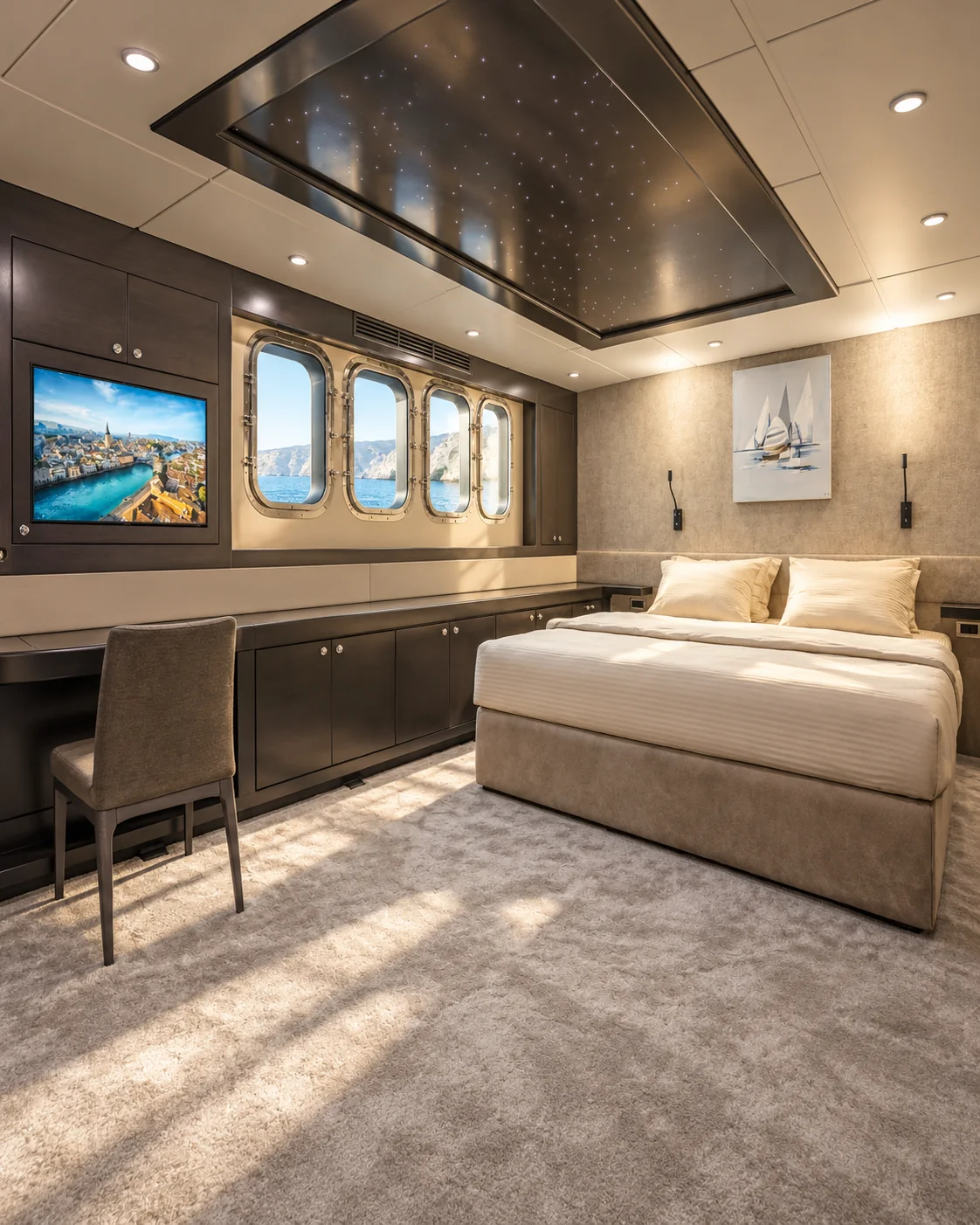 A guest cabin on the lower deck with a double bed and four portholes