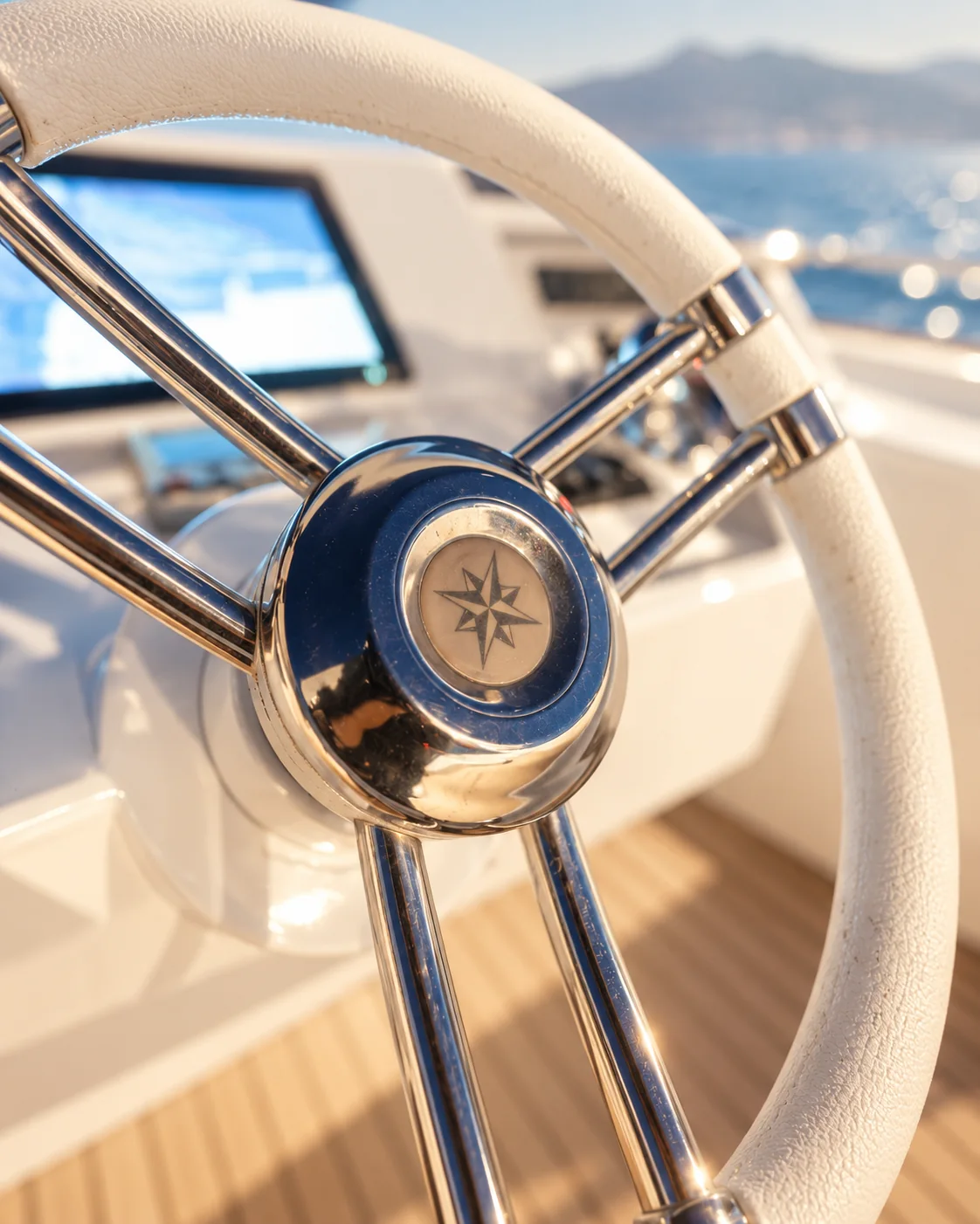 The wheelhouse helm: navigation screens, wheel and throttles, with the sea beyond the windscreen