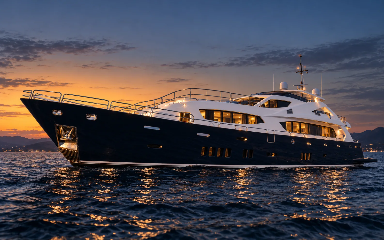 Superyacht ZEPPELIN under way, seen in profile, dark blue hull and white superstructure