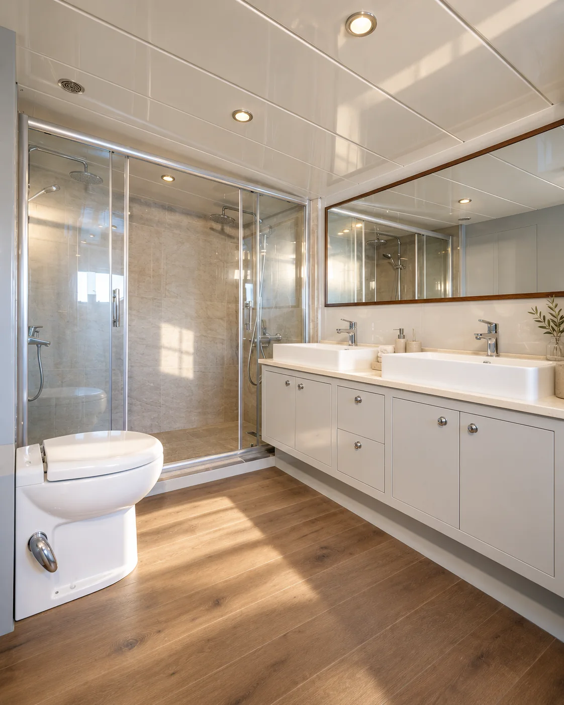 A bathroom with a walk-in shower and twin basins