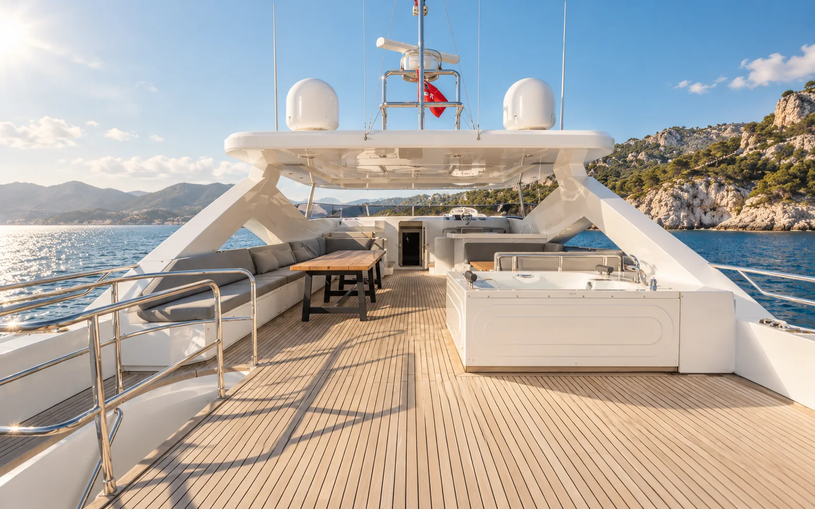 The flybridge under its hardtop, with the jacuzzi and the dining table