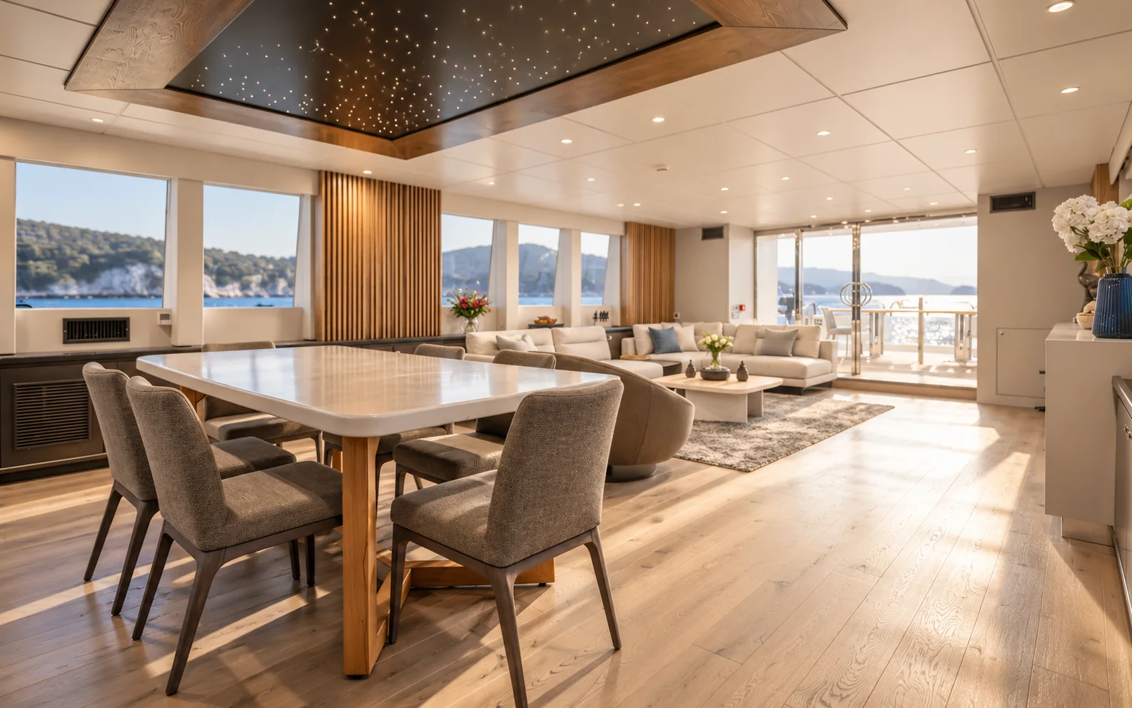 The saloon and dining area today: light oak floor, pale upholstery and a long run of windows